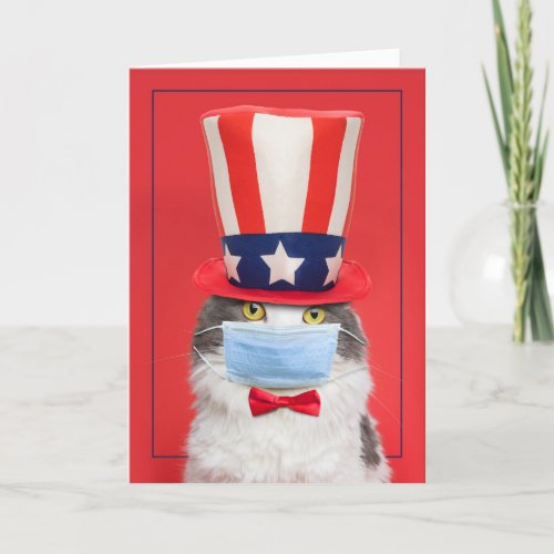 Happy Fourth of July Patriotic Cat in Face Mask Holiday Card