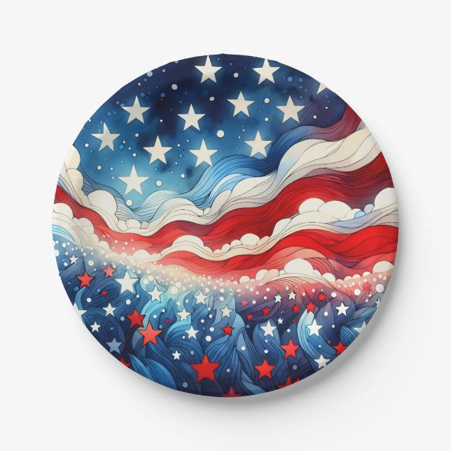 Happy Fourth of July | Patriotic Stars and Stripes Paper Plates (Front)