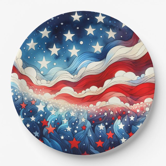 Happy Fourth of July | Patriotic Stars and Stripes Paper Plates (Front)