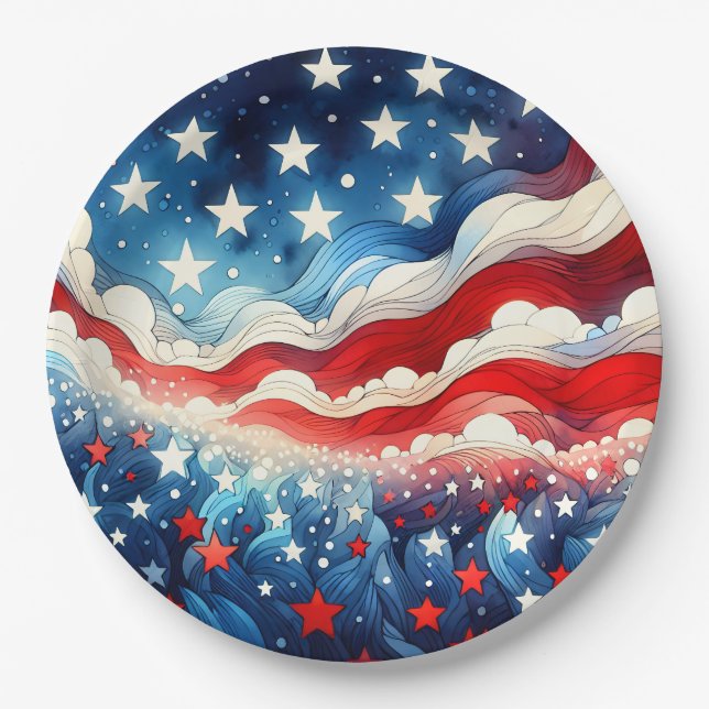 Happy Fourth of July | Patriotic Stars and Stripes Paper Plates (Front)