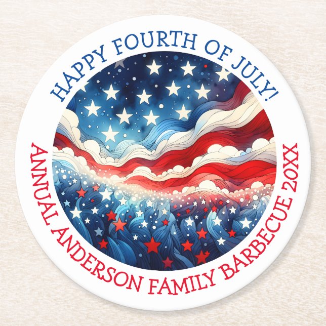 Happy Fourth of July Personalized Round Paper Coaster (Front)