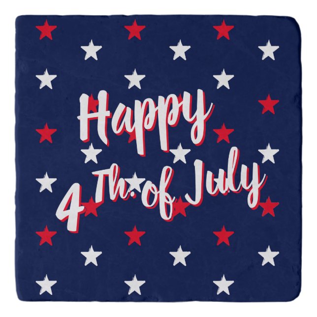 Happy fourth of July, red white blue stars stone Trivet (Front)