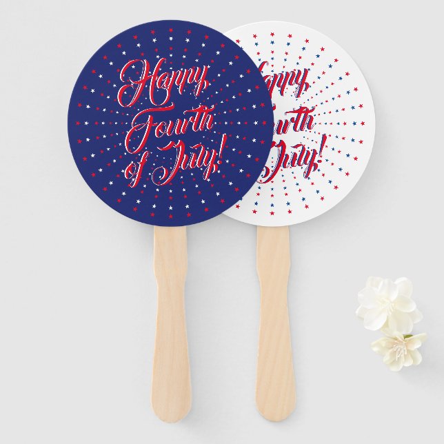 Happy Fourth of July red white navy blue stars fun Hand Fan (Front and Back)
