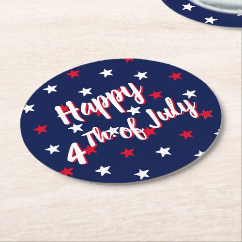 Happy fourth of July red white navy blue stars Round Paper Coaster