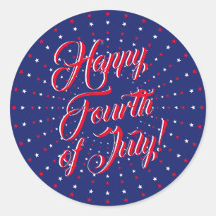 Happy Fourth of July script red white blue stars Classic Round Sticker