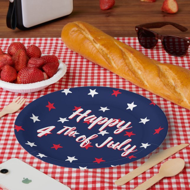 Happy fourth of July script red white blue stars Paper Plates (Picnic)