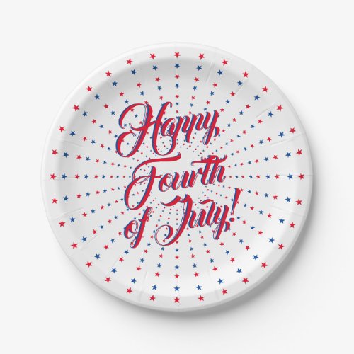 Happy Fourth of July script red white blue stars Paper Plates