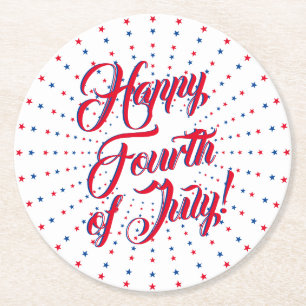 Happy Fourth of July script red white & blue stars Round Paper Coaster