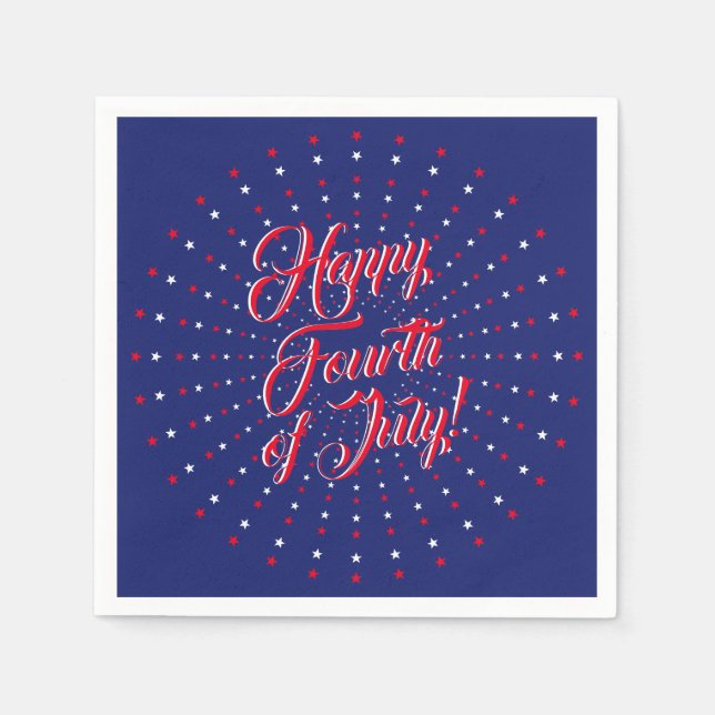 Happy Fourth of July script red white navy stars Napkins (Front)