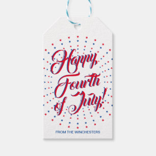 Happy Fourth of July script stars fireworks custom Gift Tags