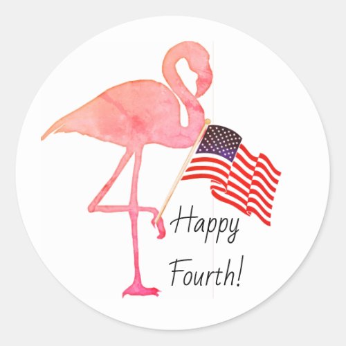 Happy Fourth of July US Flag Flamingo Classic Round Sticker