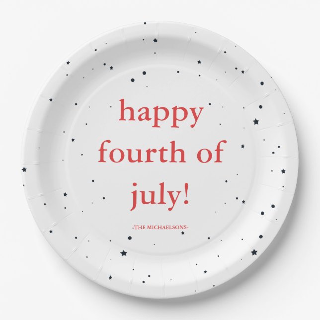 Happy Fourth of July with Name and Stars Paper Plates (Front)