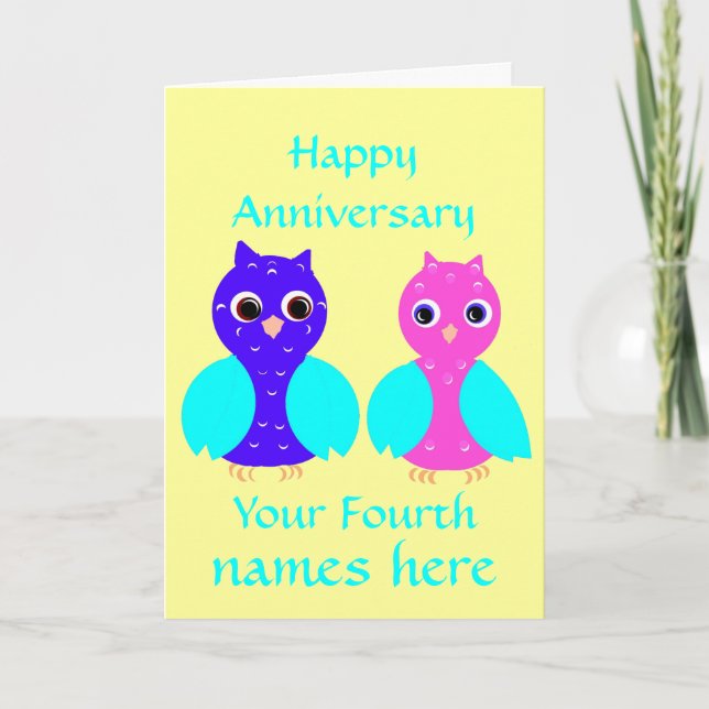 Happy Fourth Wedding Anniversary Owls Customize Card (Front)