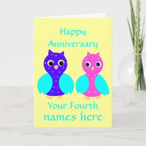 Happy Fourth Wedding Anniversary Owls Customize Card
