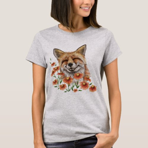 Happy fox in flowers T_Shirt