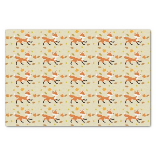 Happy Fox Running With Autumn Leaves Pattern Tissue Paper