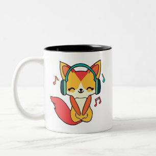Happy fox with headphones listening to music. Two-Tone coffee mug