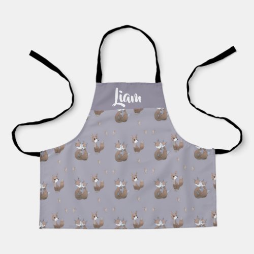 Happy foxes on gray apron