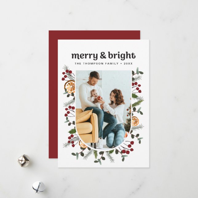 Happy Frame Family Photo Christmas Botanical Holiday Card (Front/Back In Situ)