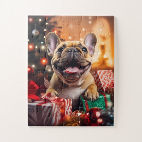 Happy French Bulldog on Christmas Eve Jigsaw Puzzle