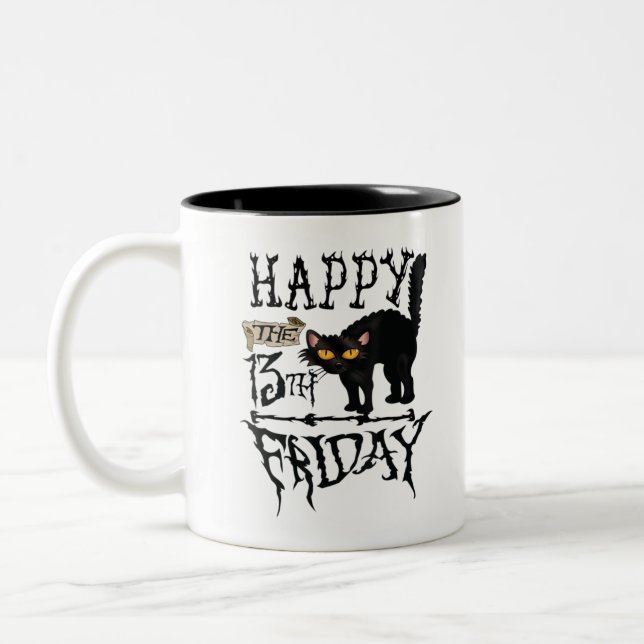 Happy Friday 13th Black Cat Scary Halloween Shirt. Two-Tone Coffee Mug (Left)