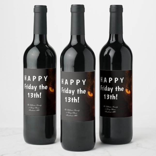Happy Friday the 13th or your Text Scary Black Cat Wine Label (Bottles)
