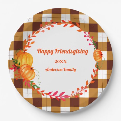 Happy Friends Giving Brown Plaid Paper Plate