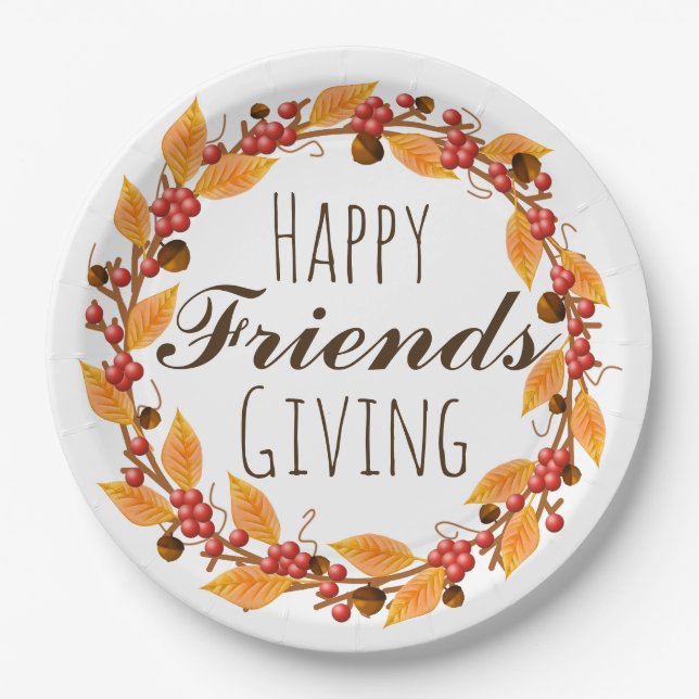 Happy Friends Giving Fall Autumn Leaves Wreath Paper Plates (Front)