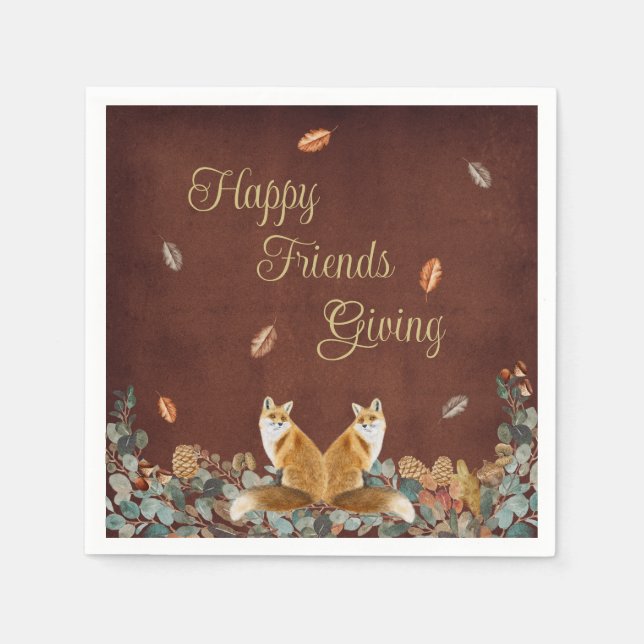 Happy Friends Giving Foxes in Fall Foliage Napkins (Front)