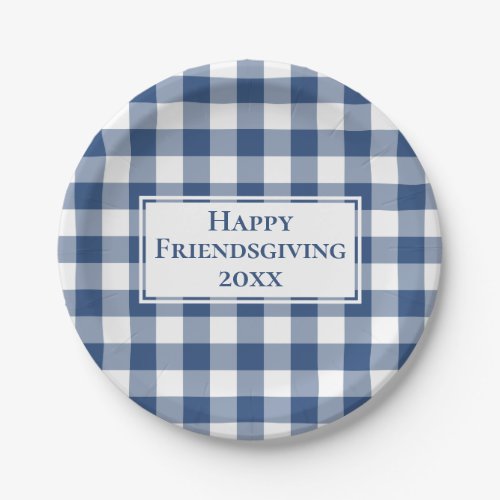 Happy Friendsgiving Blue White Gingham Plaid Paper Plates