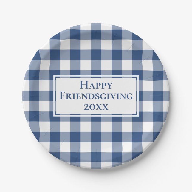 Happy Friendsgiving Blue White Gingham Plaid Paper Plates (Front)