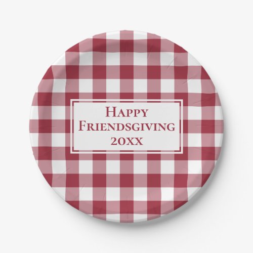 Happy Friendsgiving Burgundy White Gingham Plaid Paper Plates