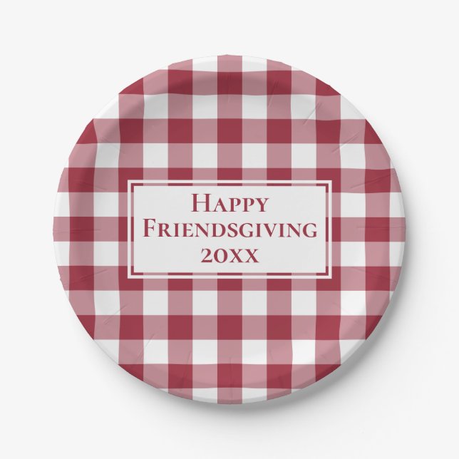 Happy Friendsgiving Burgundy White Gingham Plaid Paper Plates (Front)