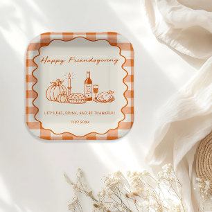 Happy Friendsgiving Orange Gingham Paper Plates