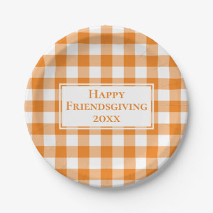 Happy Friendsgiving Orange White Gingham Plaid Paper Plates