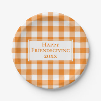 Happy Friendsgiving Orange White Gingham Plaid Paper Plates