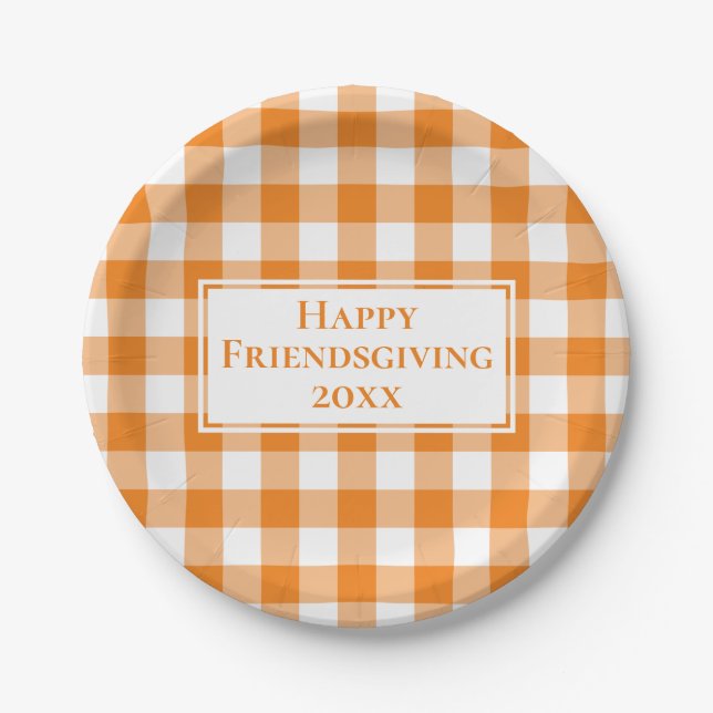Happy Friendsgiving Orange White Gingham Plaid Paper Plates (Front)