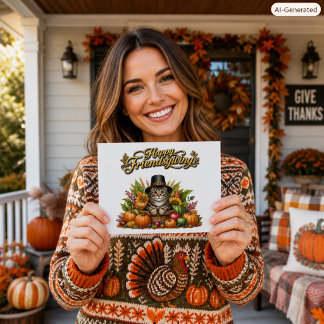 Happy Friendsgiving Pilgrim Cat Autumn Harvest Postcard