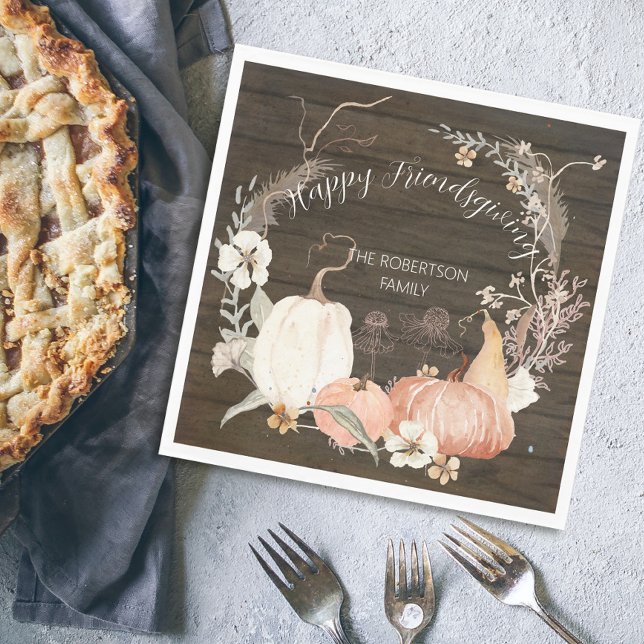 Happy Friendsgiving Rustic Fall Pumpkin Floral Napkins (Creator Uploaded)