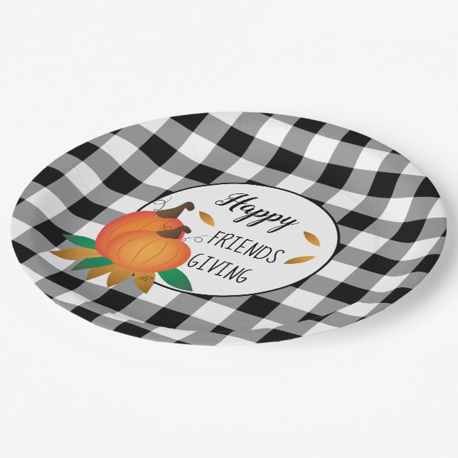 Happy Friendsgiving Thanksgiving Black Plaid Paper Plates (Angled)