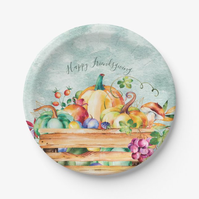 Happy Friendsgiving Thanksgiving Harvest Feast Paper Plates (Front)