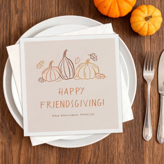 Happy Friendsgiving Thanksgiving Pumpkin Doodles Napkins ("Happy Friendsgiving" napkins with whimsical Fall doodles)