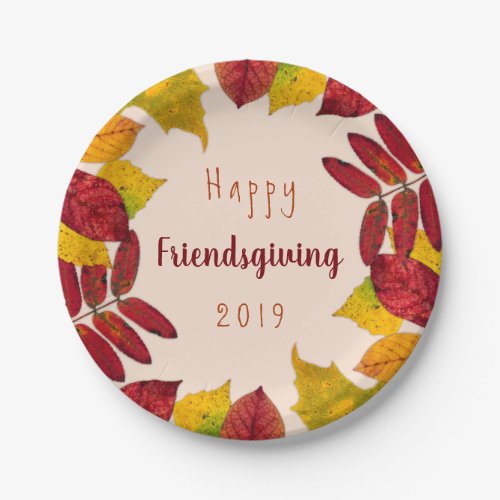 Happy Friendsgiving With Autumn Leaves Paper Plates