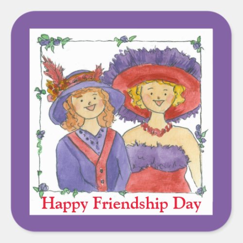 Happy Friendship Day Ladies In Big Hats Red Purple Square Sticker