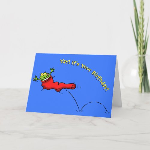 Happy frog in red sock cartoon funny birthday card