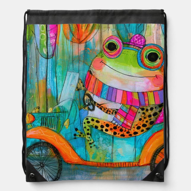 Happy Frog Joyful Roadside Adventure Drawstring Bag (Front)