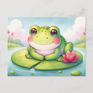 Happy Frog on Lily Pad - Cute Digital Watercolor Postcard