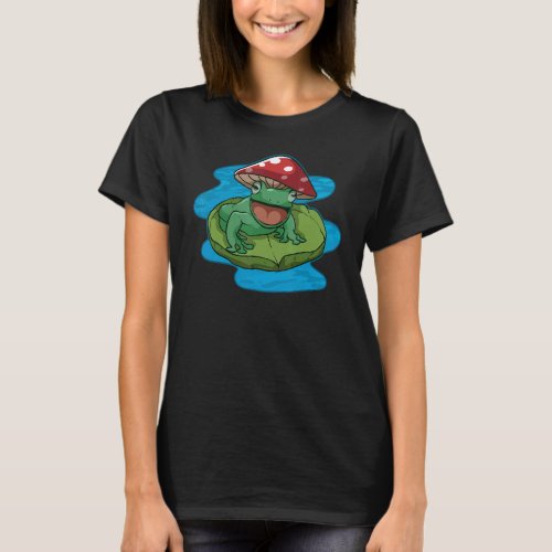 Happy Frog Sitting On A Water Lily Pad With Mushro T_Shirt
