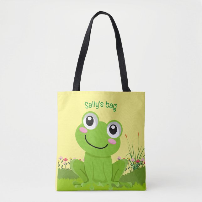 Happy frog tote bag- pale lemon background.  bag (Front)