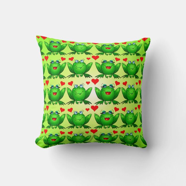 Happy Frogs Cartoon Love Hearts Green Throw Pillow (Front)